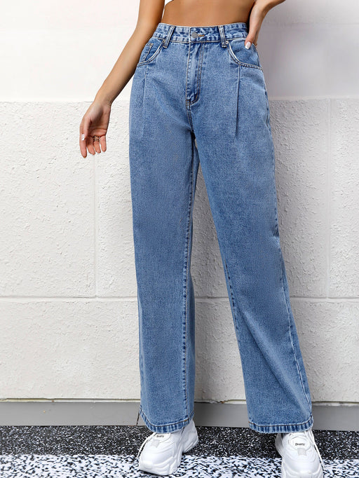 Color-Blue-Women Clothing Casual Wide Leg Loose Slimming High Waist Straight Leg Denim Trousers-Fancey Boutique