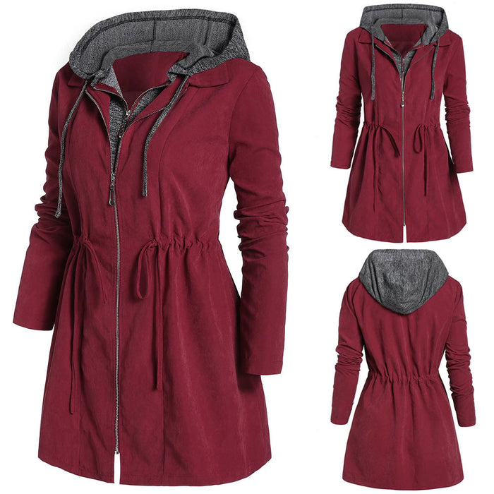 Color-Mid-Length Cotton-Padded Coat Women Winter Coat Zipper Faux Two-Piece Hooded plus Size Cotton Clothes Women-Fancey Boutique