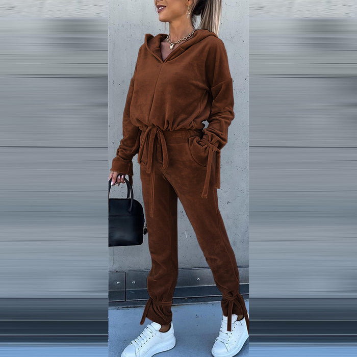 Color-Autumn Winter Women Clothing Loose Pleuche Long Sleeve Hooded Sweater Trousers Set-Fancey Boutique