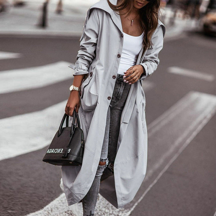 Color-Light Gray-Autumn Winter New Temperamental Casual Large Collared Mid-Length Trench Coat-Fancey Boutique