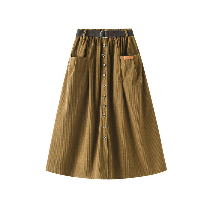 Color-Corduroy Skirt for Women Mid Length High Waist A line Sheath Skirt Autumn with Belt-Fancey Boutique