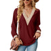 Color-Burgundy-Autumn Winter Lace V-neck Patchwork Loose Long-Sleeved T-shirt Top Women Clothing-Fancey Boutique