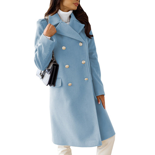 Color-Blue-Autumn Winter Simplicity Long Sleeve Collared Double Breasted Woolen Coat Women Clothing-Fancey Boutique