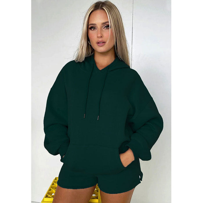 Color-blackish green-Autumn Winter Solid Color Thickened Fleece Lined Hooded Long Sleeve Sweater Women Casual Shorts Suit-Fancey Boutique