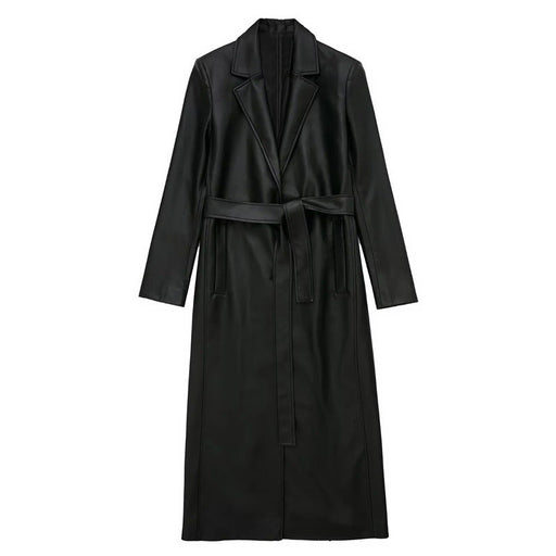 Color-Black-Autumn Women Faux Leather Trench Coat-Fancey Boutique