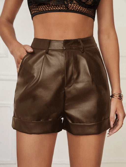 Color-Faux Leather Shorts Women Outer Wear Summer High Roll Hem Pleated Ladies Casual Hip-Wrapped Pants-Fancey Boutique