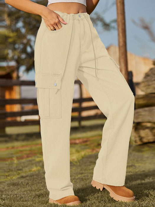 Color-Denim Drawstring Adjustable Washed Cargo Pants Trousers Casual Pants Women-Fancey Boutique