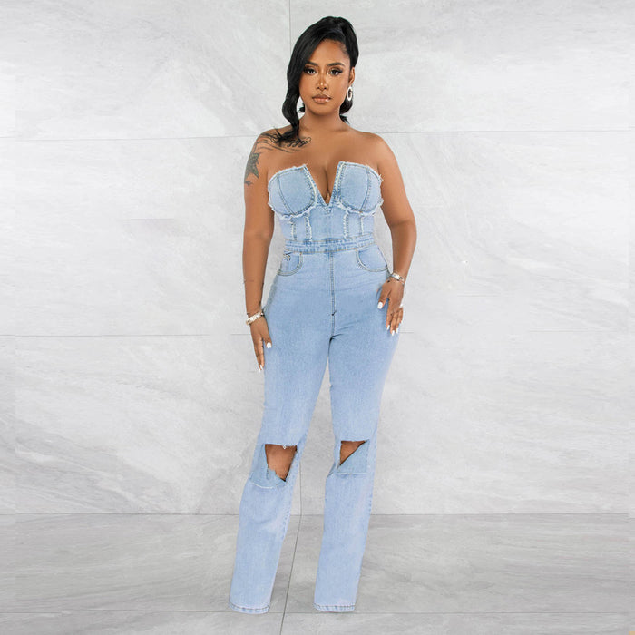 Color-Summer Sexy Cutout Hole Long Zipper Wrapped Chest Denim Jumpsuit-Fancey Boutique