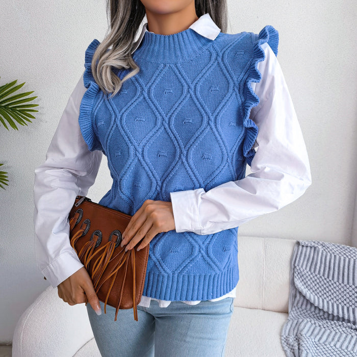 Color-Autumn Winter Wooden Ear Diamond Knitted Vest Sweater Women Clothing-Fancey Boutique