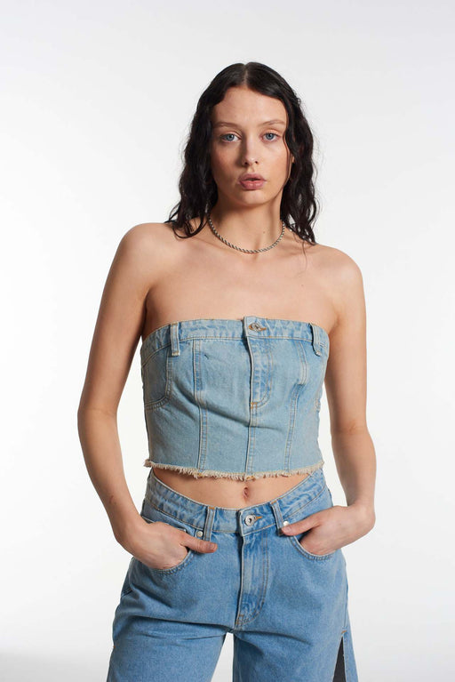 Color-Light Blue-Slim Denim Tube Top Women-Fancey Boutique