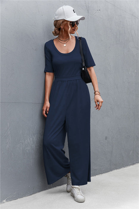 Color-Spring Summer Short Sleeve U Collar Loose Wide Leg Jumpsuit-Fancey Boutique