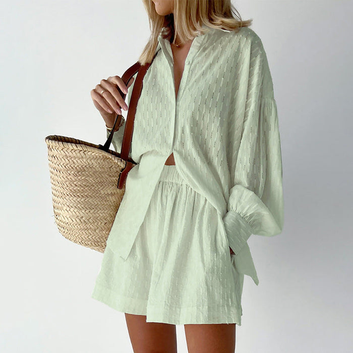 Color-Green-Summer French White Jacquard Cotton Puff Sleeve Casual Shorts Suit Ladies Homewear Cool Pajamas-Fancey Boutique