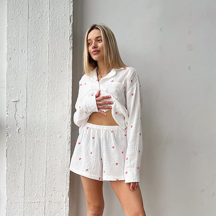 Color-Sweet Loving Heart Casual Loose Long Sleeve Shorts Pajamas Two Piece Set Can Be Outerwear Homewear Women-Fancey Boutique