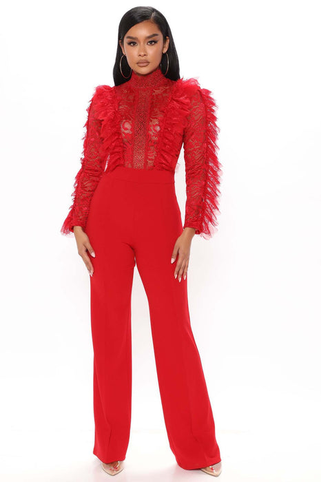 Color-Red-Women Clothing Autumn Winter Lace Tassel Trousers See Through Sexy Jumpsuit-Fancey Boutique