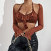 Color-Women Clothing Sexy Hollow Out Cutout out Halter Ruffled Stitching Cropped Long Sleeve Top for Women-Fancey Boutique