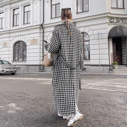 Color-Women Clothing Autumn Winter Houndstooth Long Trench Coat High End Fashionable Coat Black White Young Coat for Women-Fancey Boutique