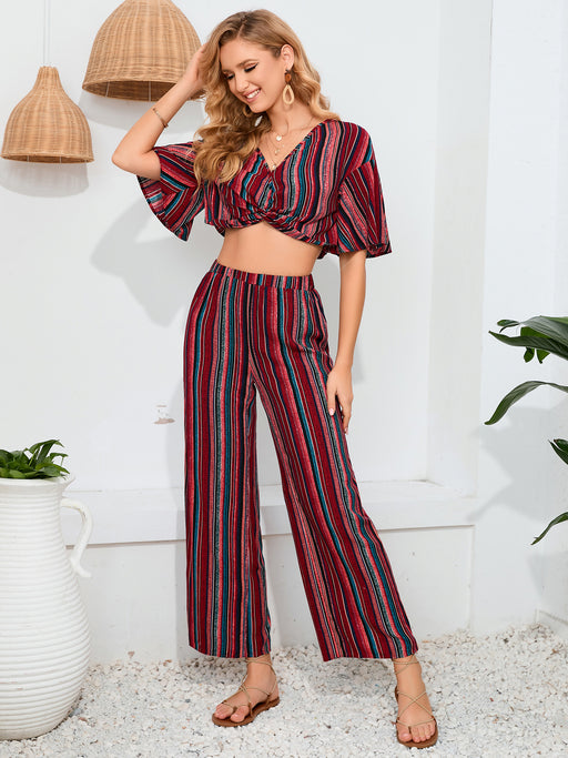 Color-Women Clothing Women Urban Striped Trousers Short Sleeved Top Two Piece Set-Fancey Boutique