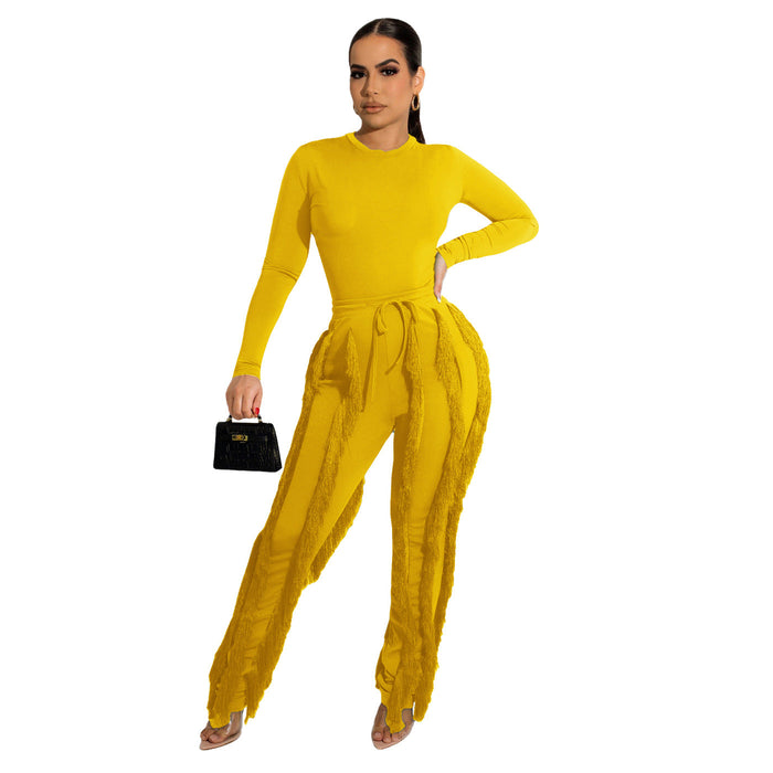 Color-Yellow-Women Clothing Suit Tassel Lace Jumpsuit Two Piece Set Solid Color Sports Autumn Winter-Fancey Boutique