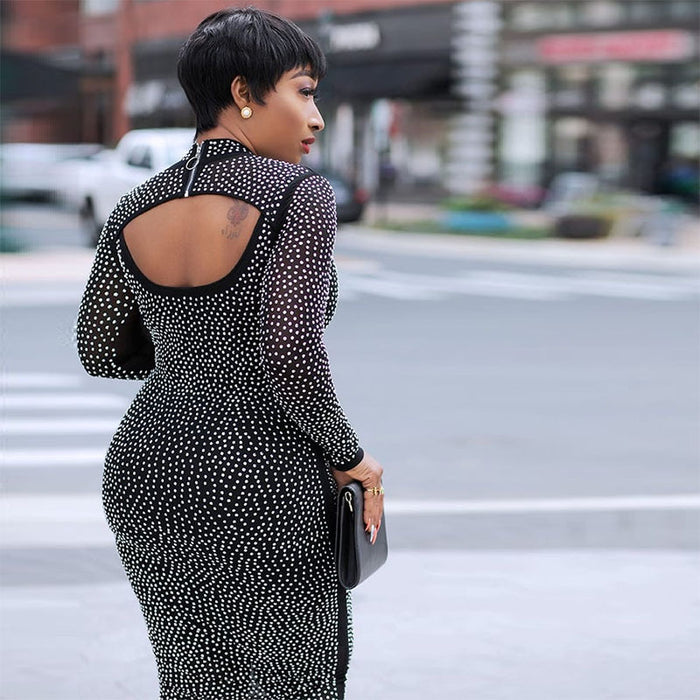 Color-Tight Dress New Long Sleeve Mesh Rhinestone Dress Nightclub Dress Plus Size-Fancey Boutique