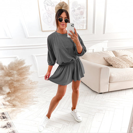 Color-Gray-Autumn Winter Popular Loose Solid Color Three Quarter Length Sleeve Casual Suit Women-Fancey Boutique