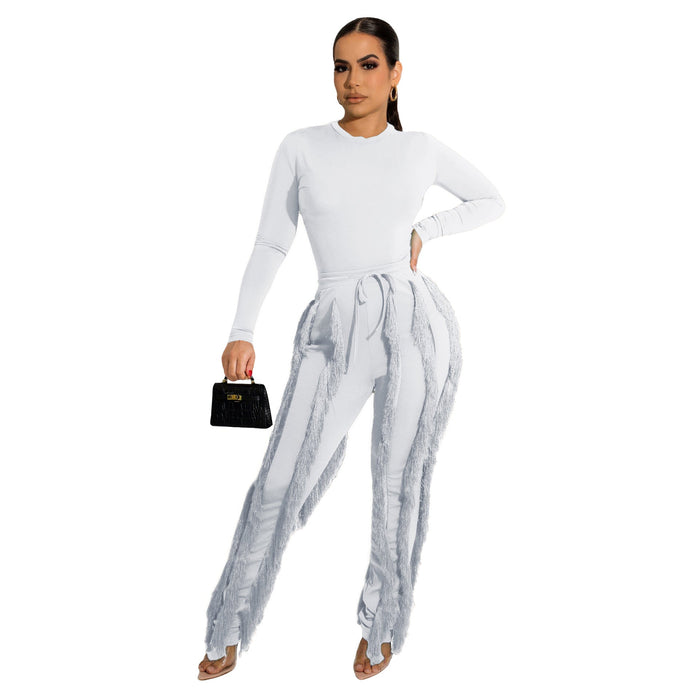 Color-White-Women Clothing Suit Tassel Lace Jumpsuit Two Piece Set Solid Color Sports Autumn Winter-Fancey Boutique