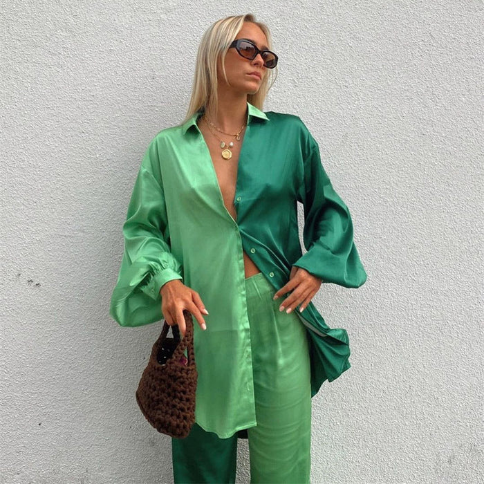 Color-Green-Spring Summer Satin Two Piece Set Colorblock Women Clothing Oversized Shirt Casual Straight Pants Set-Fancey Boutique