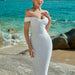 Color-Summer off Shoulder Elegant White Mid Length Dress Solid Color Sheath Stretch Evening Dress-Fancey Boutique