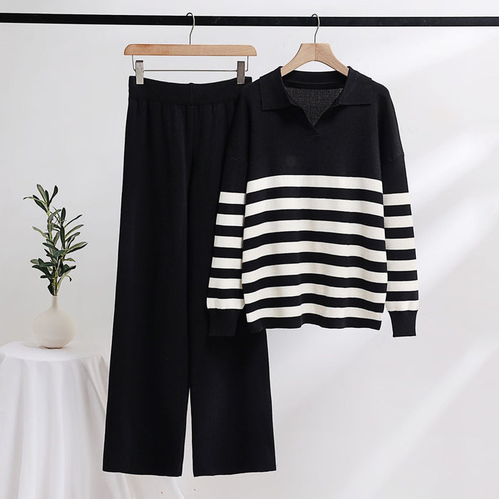 Color-Black-Knitting Suit Polo Collar Striped Sweater Loose Casual Two Piece Set Women Clothing-Fancey Boutique