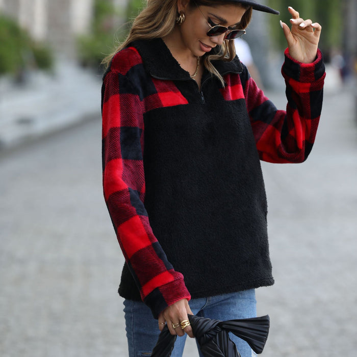 Color-Autumn Plush Women Clothing Half Long Sleeve Zipper Stand Collar Stitching Double Sided Flannel Plaid Pullover Sweater-Fancey Boutique