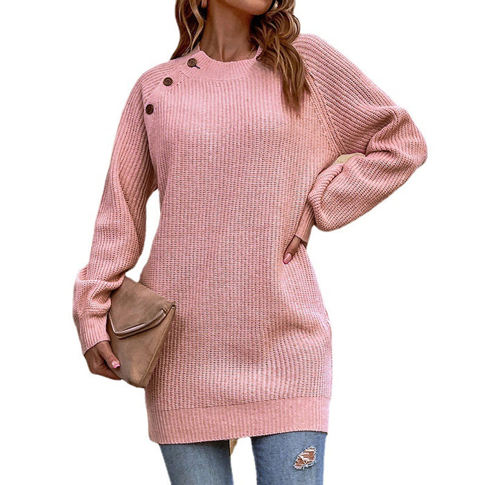 Color-Solid Color Buttons Knitted Dress Women Autumn Winter Lantern Sleeve Sweater Women-Fancey Boutique