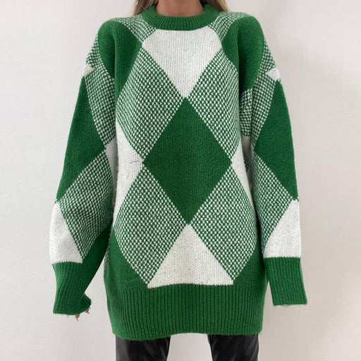 Color-Half Turtleneck Pullover Sweater Loose Green Diamond Lattice Sweater-Fancey Boutique