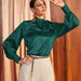 Color-Green-Women Shirt Autumn Elegant Solid Color Satin Long Sleeve Bow Collar Women Top-Fancey Boutique