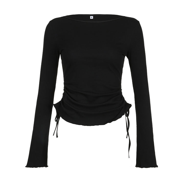 Color-Comfort Casual Pure Black Long Sleeved T shirt Early Autumn Basic Lace up Drawstring Slim Fit Slimming Simple Top-Fancey Boutique