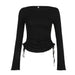 Color-Comfort Casual Pure Black Long Sleeved T shirt Early Autumn Basic Lace up Drawstring Slim Fit Slimming Simple Top-Fancey Boutique