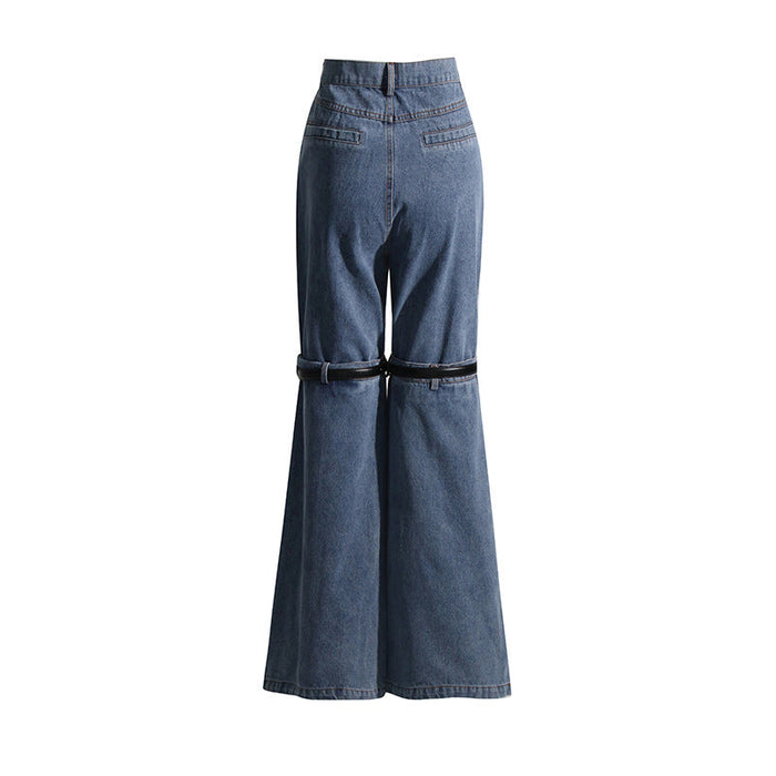 Color-Autumn Korean Washed Cotton Jeans Deconstruction Stitching Straight Leg Pants Narrow Elastic Wide Leg Pants Trousers-Fancey Boutique