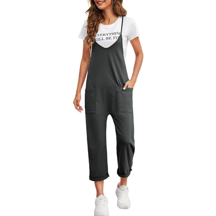 Color-Dark Grey-Spring Women Casual Pocket Trousers Solid Color Loose Sling Straight Jumpsuit-Fancey Boutique