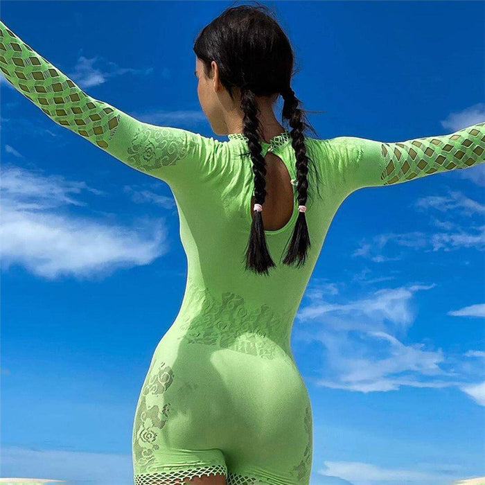 Color-Summer Women Sexy Mesh See through Hollow Out Cutout round Neck Long Sleeve Tight Romper for Women-Fancey Boutique