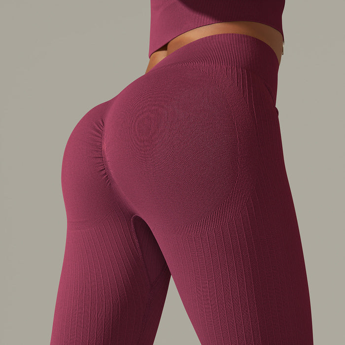 Color-Trousers-Wine Red-Seamless Knitted Peach Hip Raise Solid Color Tight High Waist Yoga Pants Sports Running Fitness Pants Women-Fancey Boutique