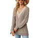 Color-Khaki-Autumn Winter Lace V-Collar Contrast Color Slit Loose Long Sleeve T-shirt Top Ladies-Fancey Boutique