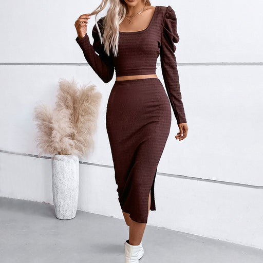 Color-Women Clothing Autumn Winter Elegant Puff Sleeve Top Hip Skirt Sets-Fancey Boutique