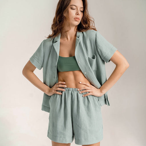 Color-Summer Cotton Linen French Simplicity Sports Shirt Shorts Double Layer Gauze Pajamas Women Homewear-Fancey Boutique