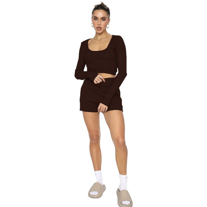 Color-Coffee-Spring Waffle Solid Color U Neck Long Sleeved Short Women Clothing Casual Shorts Suit-Fancey Boutique