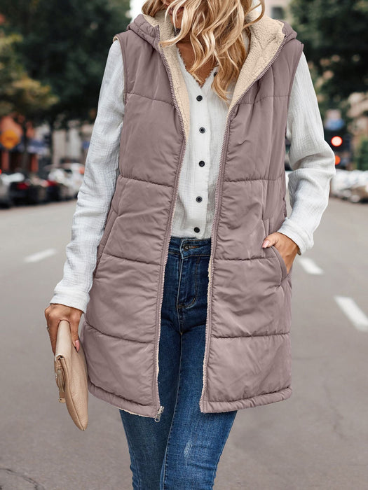 Color-Bean Pink-Simple Stitching Plush Double Sided Women Vest Hooded-Fancey Boutique