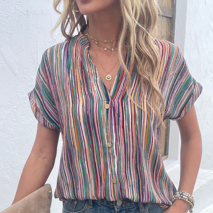 Color-Multicolor-1-Summer Shirt Striped Button Short Sleeve Shirt Women Loose Fitting Women Lining-Fancey Boutique