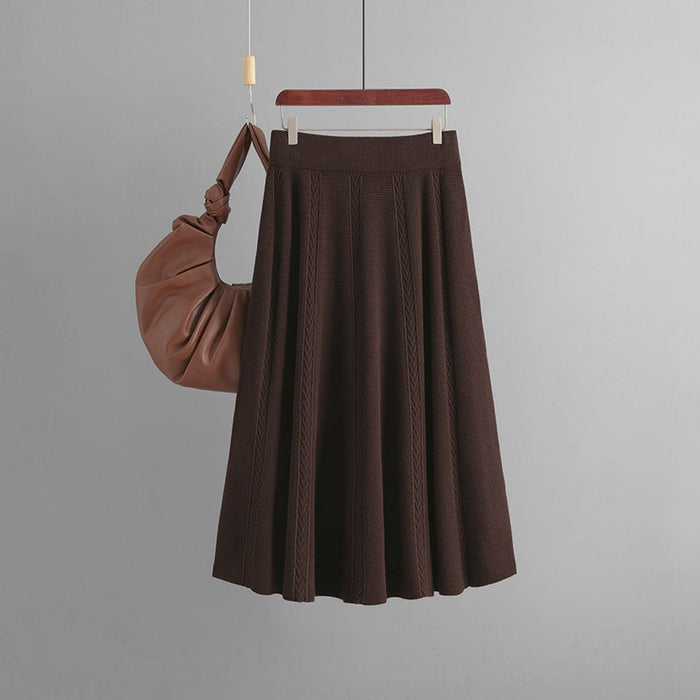 Color-Coffee-Mid Length Autumn Winter Draping Effect A line Khaki Knitted Skirt Women Winter Sweater-Fancey Boutique
