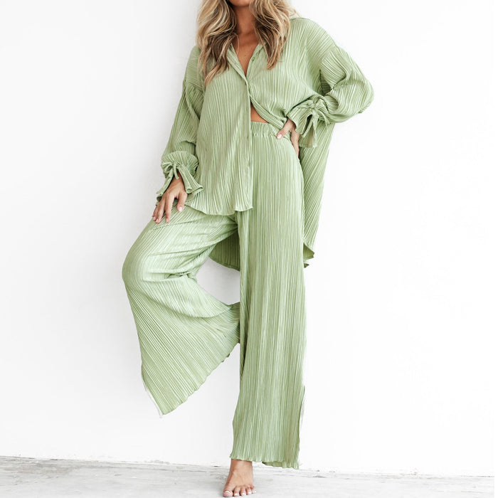 Color-Women Spring Summer Set Pleated Shirt Long Sleeve Collared Cardigan Split Trousers Pajamas Two Piece-Fancey Boutique