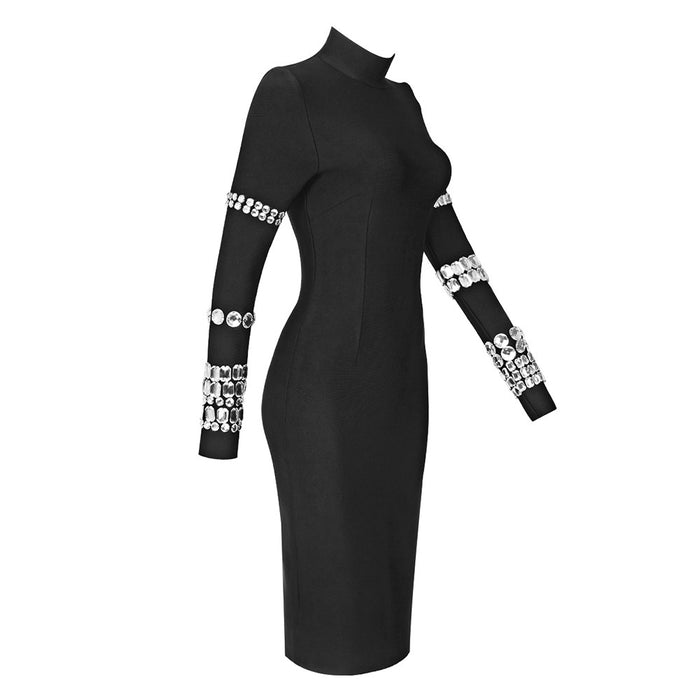 Color-Autumn Winter Heavy Industry Beads Turtleneck Bandage Dress Slim Sheath Long Sleeve Knitted Dress-Fancey Boutique