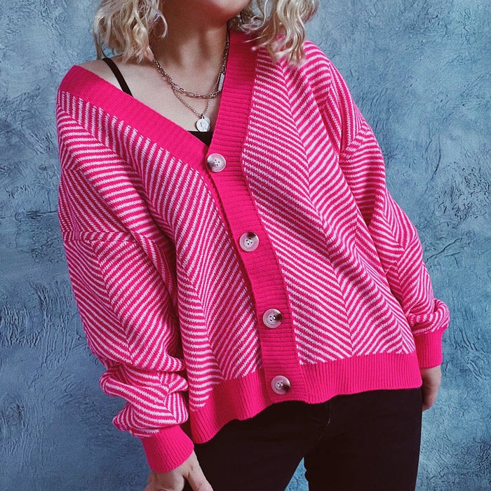Color-Coral Red-Autumn Winter Casual Contrast Color Diagonal Stripe Single Breasted V neck Long Sleeve Sweater Cardigan Coat Women-Fancey Boutique
