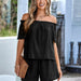 Color-Black-Spring Summer Women Clothes Casual Off Shoulder Solid Color Loose Short Sleeve Two Piece Set-Fancey Boutique
