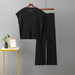 Color-Black-Plus Size Pullover V neck Loose Solid Color Top Pleated Wide Leg Trousers Knitted Two Piece Women-Fancey Boutique